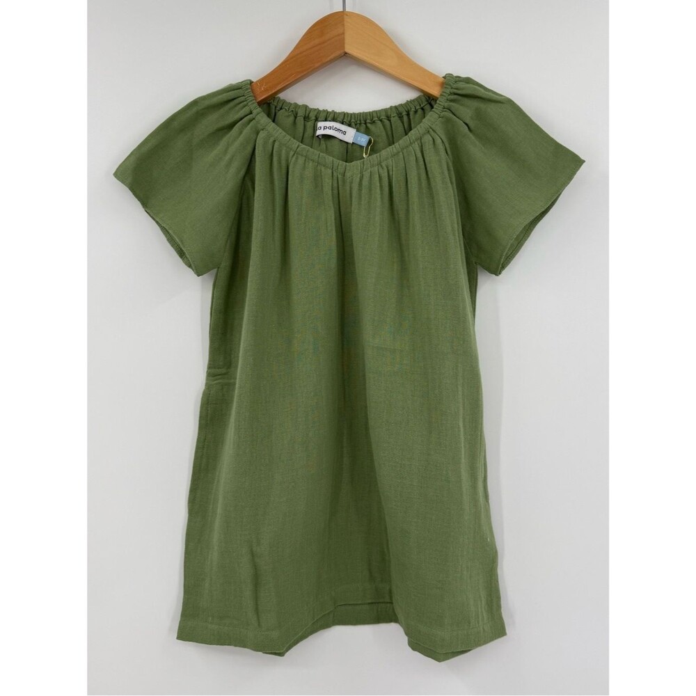 NWT La Paloma Cotton Gauze Gathered Neck Dress | Green | Girl’s 2-3Y & 6-7Y